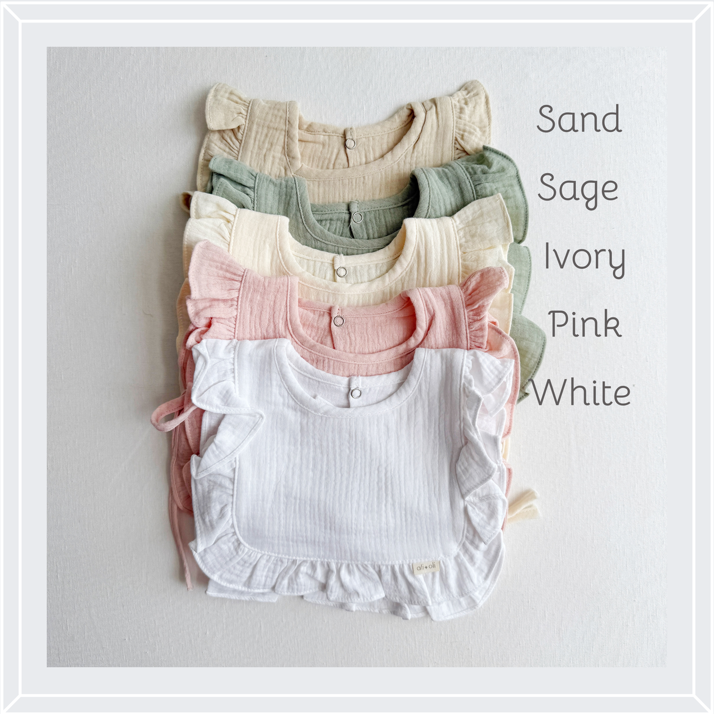 Muslin Cotton Ruffle Baby Bib (Sand) - 3 Feathers Design and Graphics & 3 Feathers Mercantile