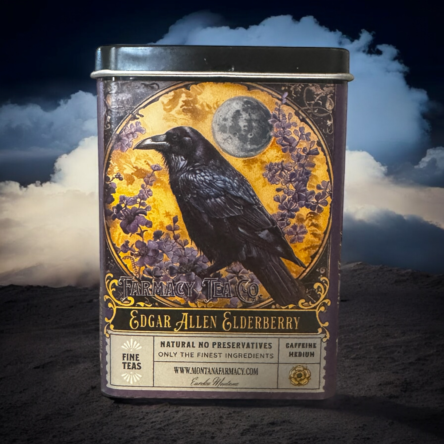 Montana Farmacy - Travel Tea TIN Edgar Allen Crow Poe Elderberry Tea - 3 Feathers Design and Graphics & 3 Feathers Mercantile
