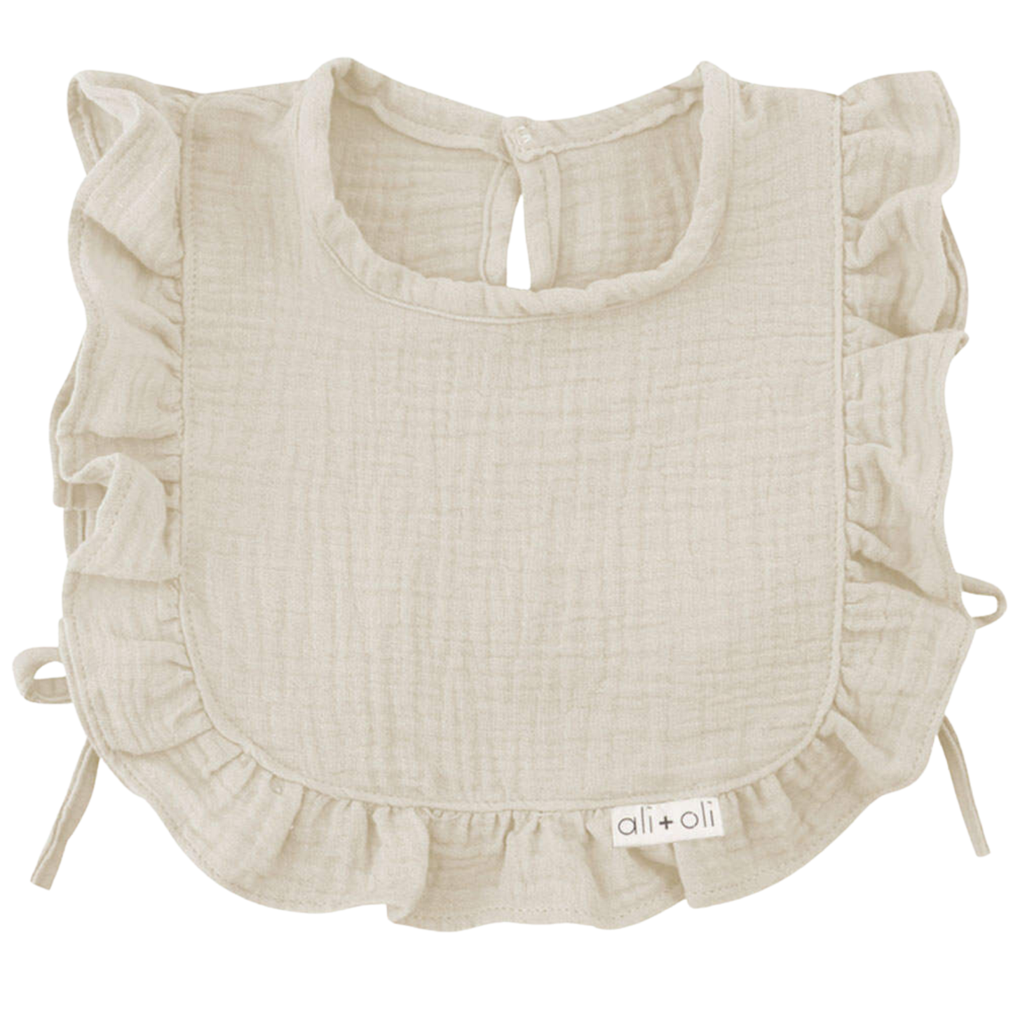 Muslin Cotton Ruffle Baby Bib (Sand) - 3 Feathers Design and Graphics & 3 Feathers Mercantile