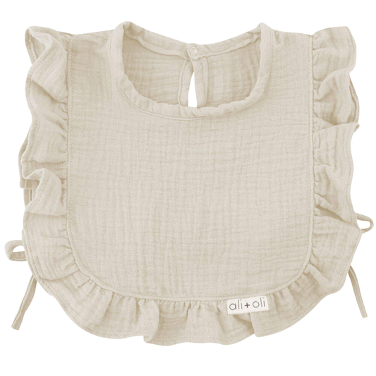 Muslin Cotton Ruffle Baby Bib (Sand) - 3 Feathers Design and Graphics & 3 Feathers Mercantile
