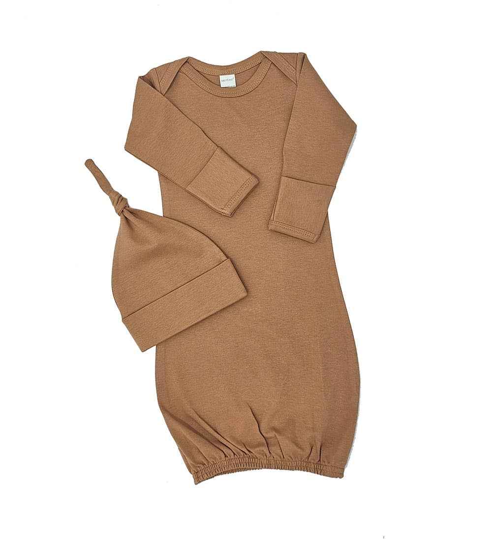 Organic Long Sleeve Baby gown and knotted Beanie Gift Set: Mauve / 0-3M