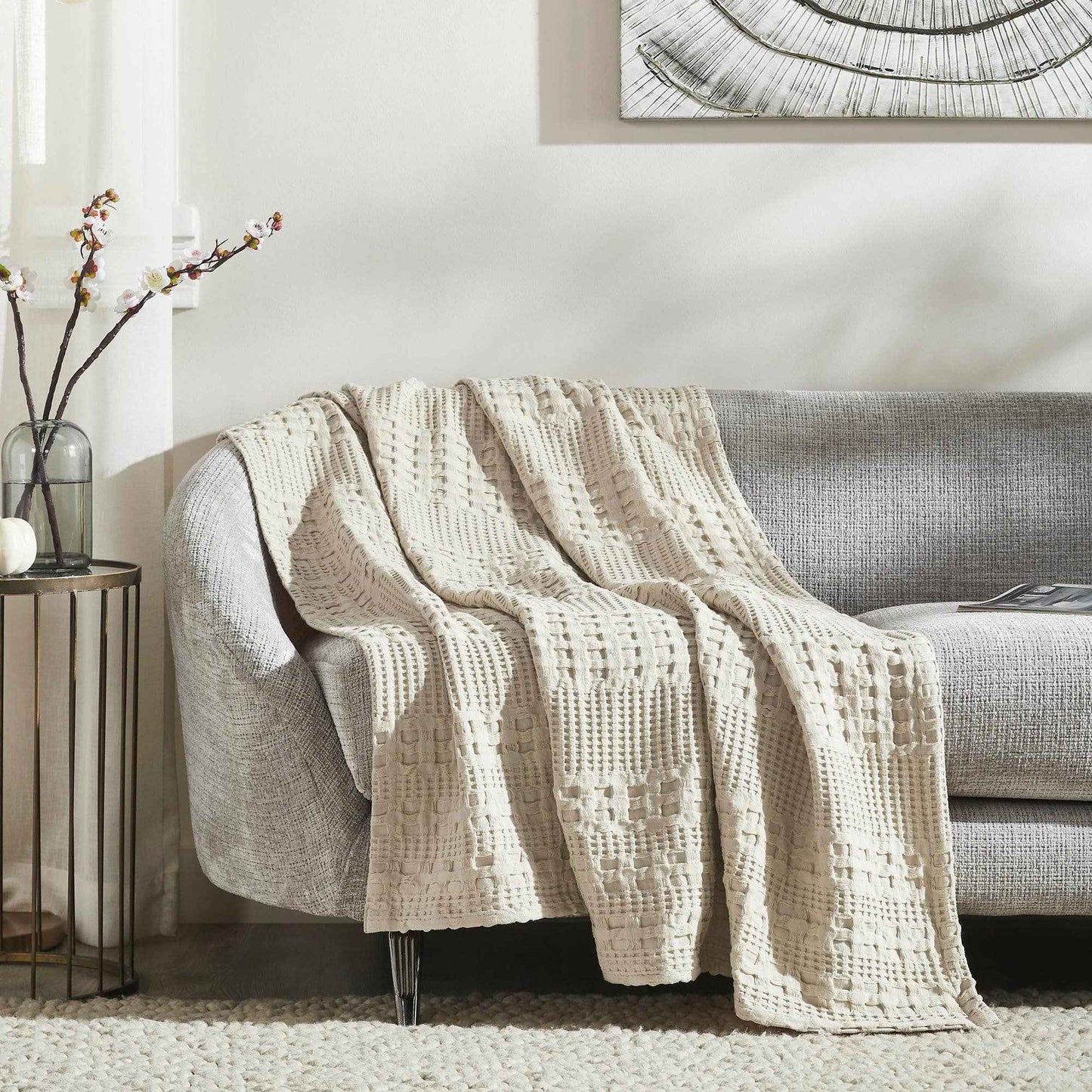Waffle Weave Natural Throw 50x60 - Cotton Decorative Blanket for Bed, Couch, Sofa | Boho Farmhouse Home Decor