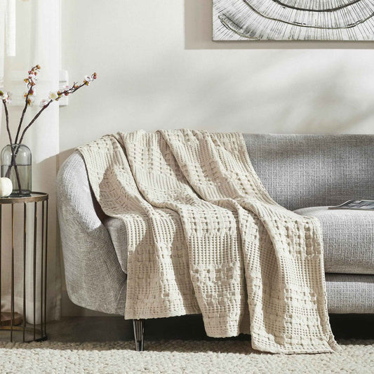Waffle Weave Natural Throw 50x60 - Cotton Decorative Blanket for Bed, Couch, Sofa | Boho Farmhouse Home Decor