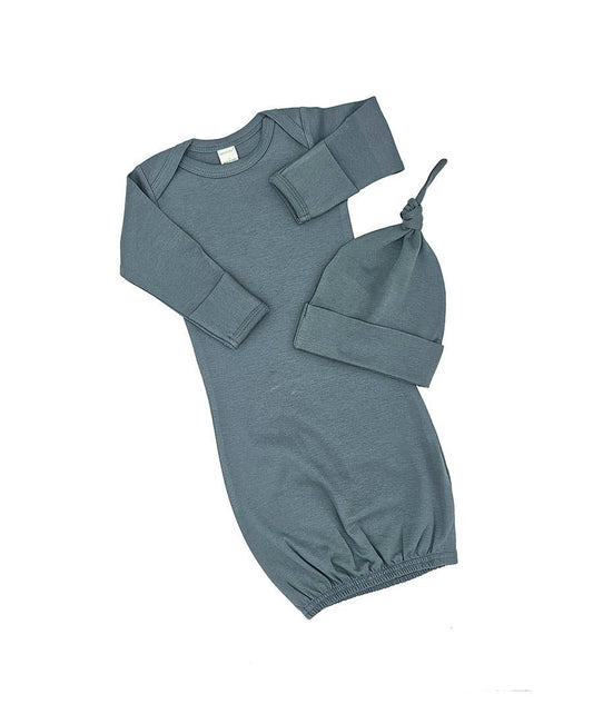 Organic Long Sleeve Baby gown and knotted Beanie Gift Set: Harbor Blue / 0-3M - 3 Feathers Design and Graphics & 3 Feathers Mercantile
