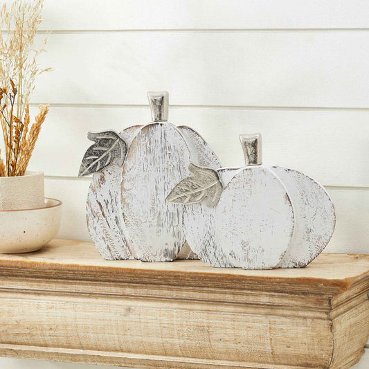 Farmhouse White Wash Wooden Pumpkin Set (2Piece, 7 & 9 inches) Rustic Autumn Fall Harvest Home Decor