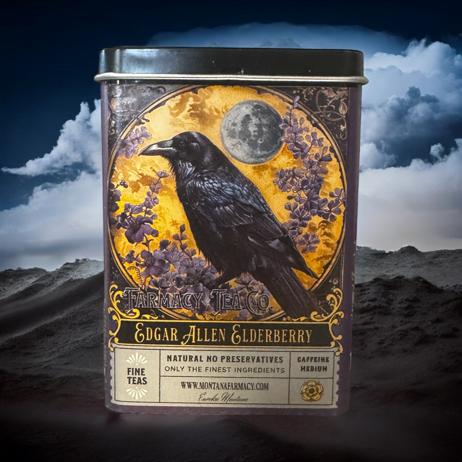 Montana Farmacy - Travel Tea TIN Edgar Allen Crow Poe Elderberry Tea - 3 Feathers Design and Graphics & 3 Feathers Mercantile