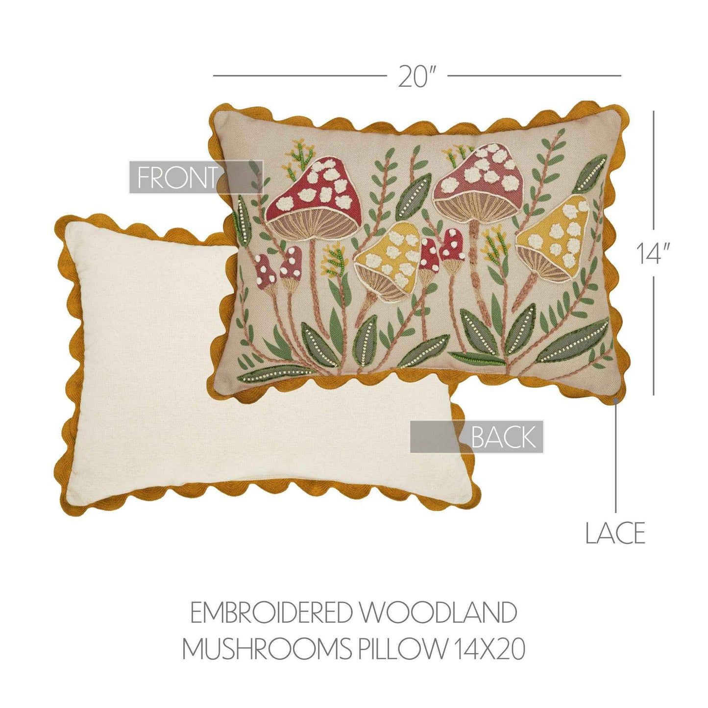 Embroidered Woodland Mushroom Lumbar Throw Pillow 14x20 Rustic Farmhouse Accent Home Decor