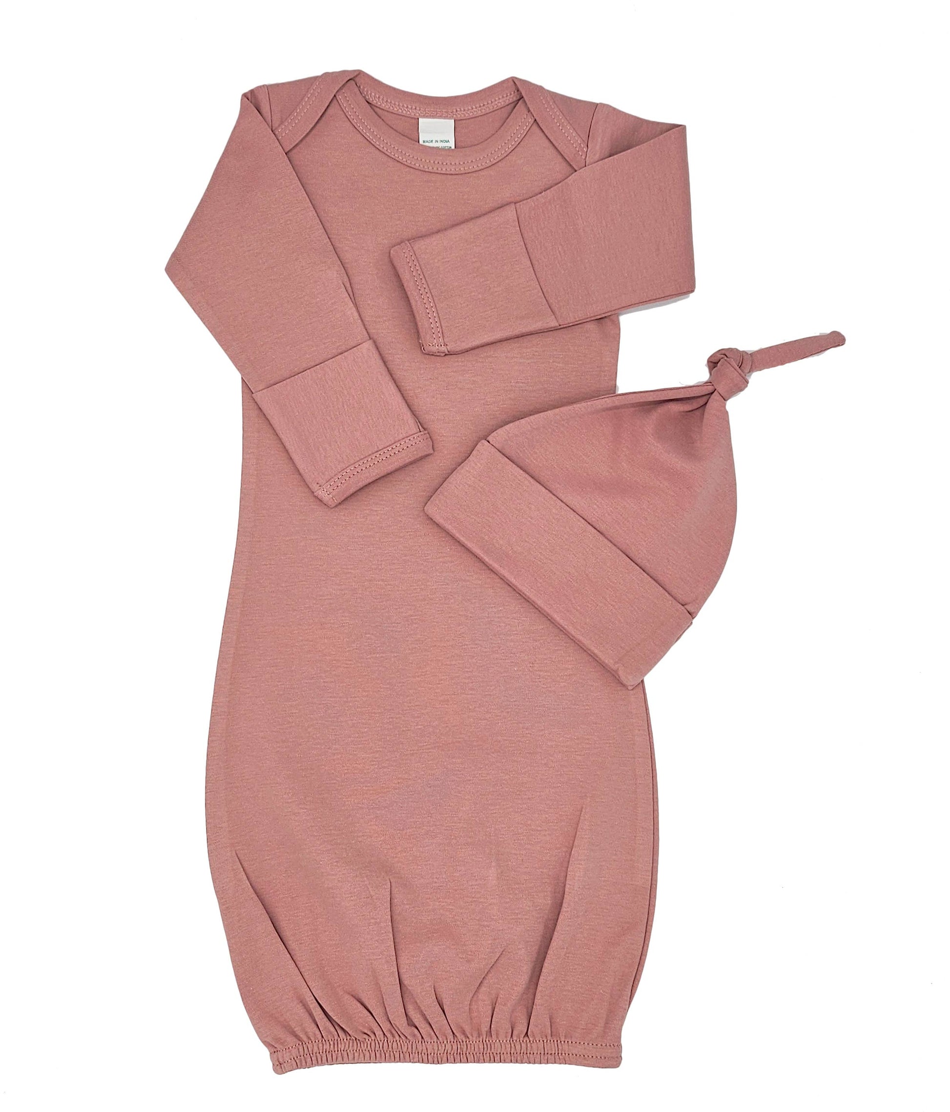 Organic Long Sleeve Baby gown and knotted Beanie Gift Set: Natural / 0-3M - 3 Feathers Design and Graphics & 3 Feathers Mercantile