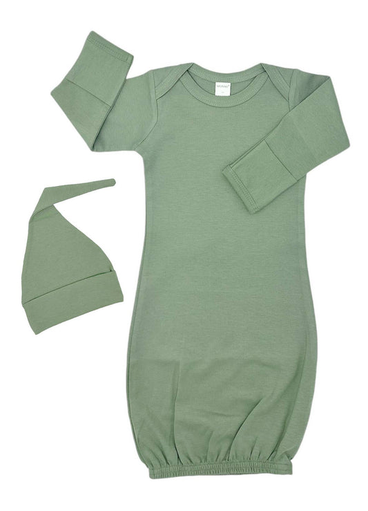 Organic Long Sleeve Baby gown and knotted Beanie Gift Set: Cactus Green / 0-3M - 3 Feathers Design and Graphics & 3 Feathers Mercantile