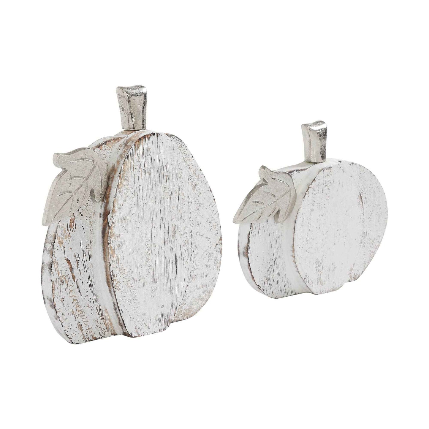 Farmhouse White Wash Wooden Pumpkin Set (2Piece, 7 & 9 inches) Rustic Autumn Fall Harvest Home Decor