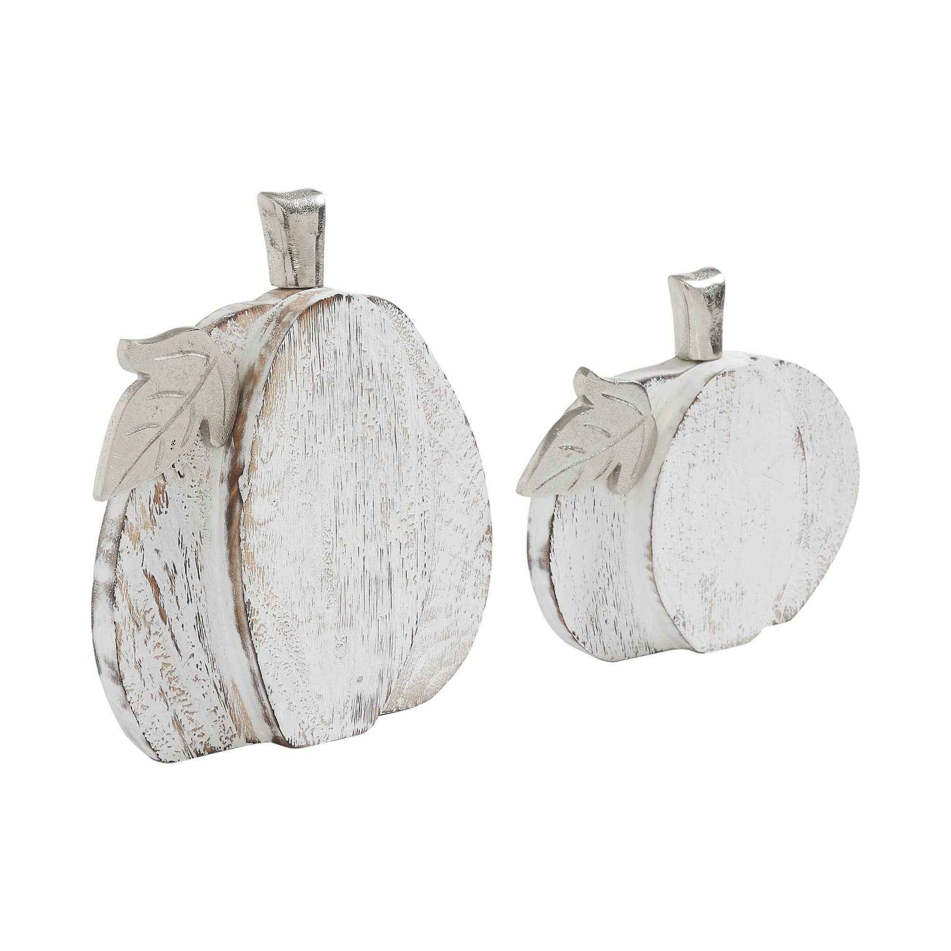 Farmhouse White Wash Wooden Pumpkin Set (2Piece, 7 & 9 inches) Rustic Autumn Fall Harvest Home Decor